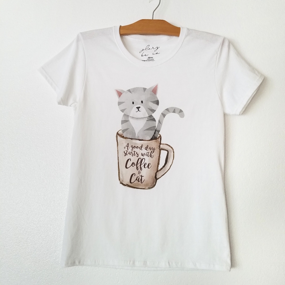 Glory Be Co Cat & Coffee white graphic t-shirt